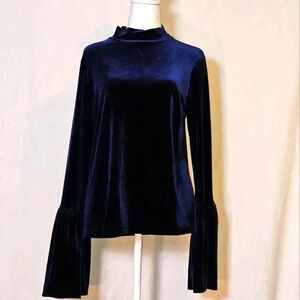 Torn by Ronny Kobo Navy Blue Velvet Boho Mock Neck Bell Sleeve Hippie Top Sz Lg